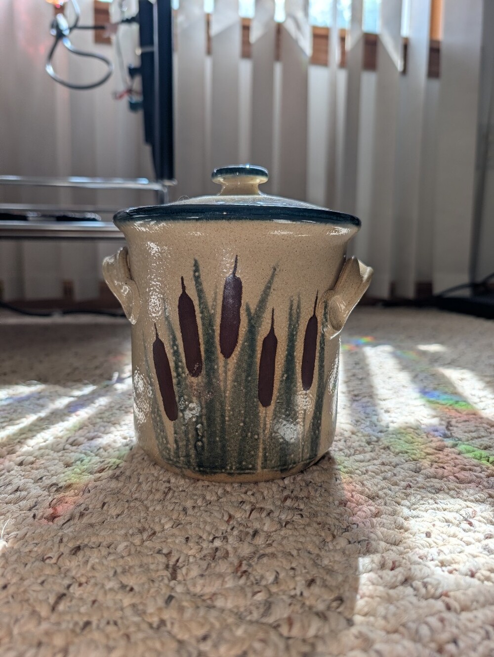 Rare Vintage Monroe Salt Works Cattail Lidded Jar Maine Cottagecore Hand Painted
